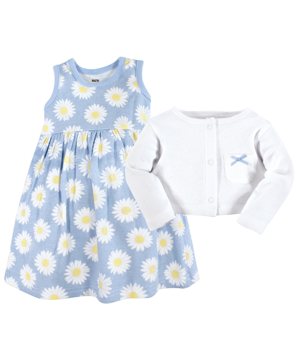Hudson Baby Toddler Girls Cotton Dress and Cardigan 2pc Set,Daisy - Blue