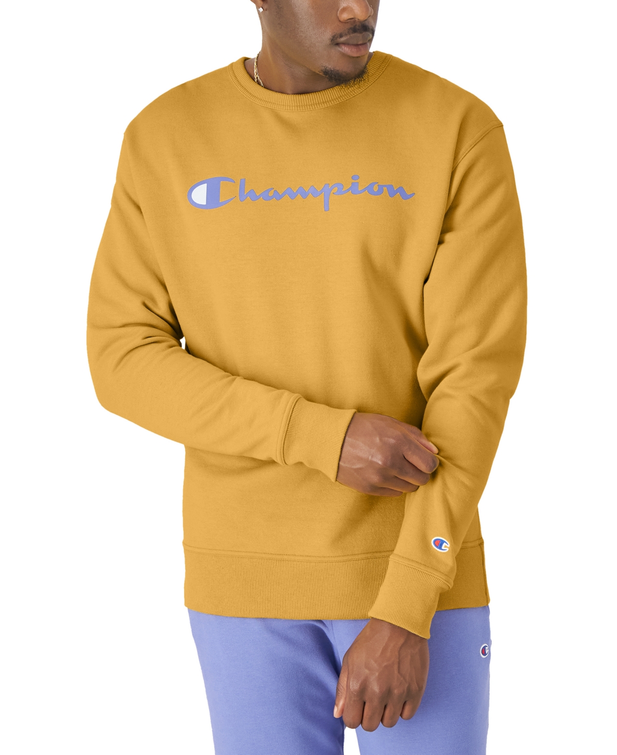 Shop Champion Men's Powerblend Fleece Logo Sweatshirt In Royal Gold