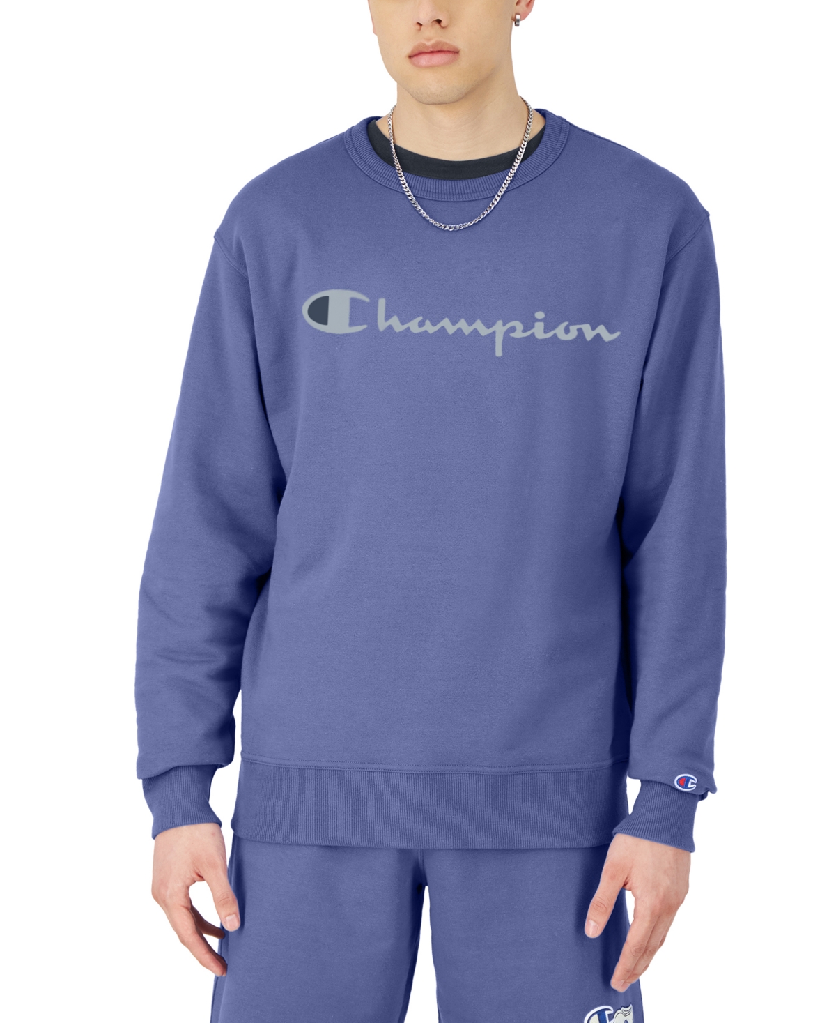 Shop Champion Men's Powerblend Fleece Logo Sweatshirt In Stone Crush Blue