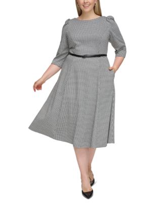 Calvin Klein - Plus Size Houndstooth Belted Midi Dress