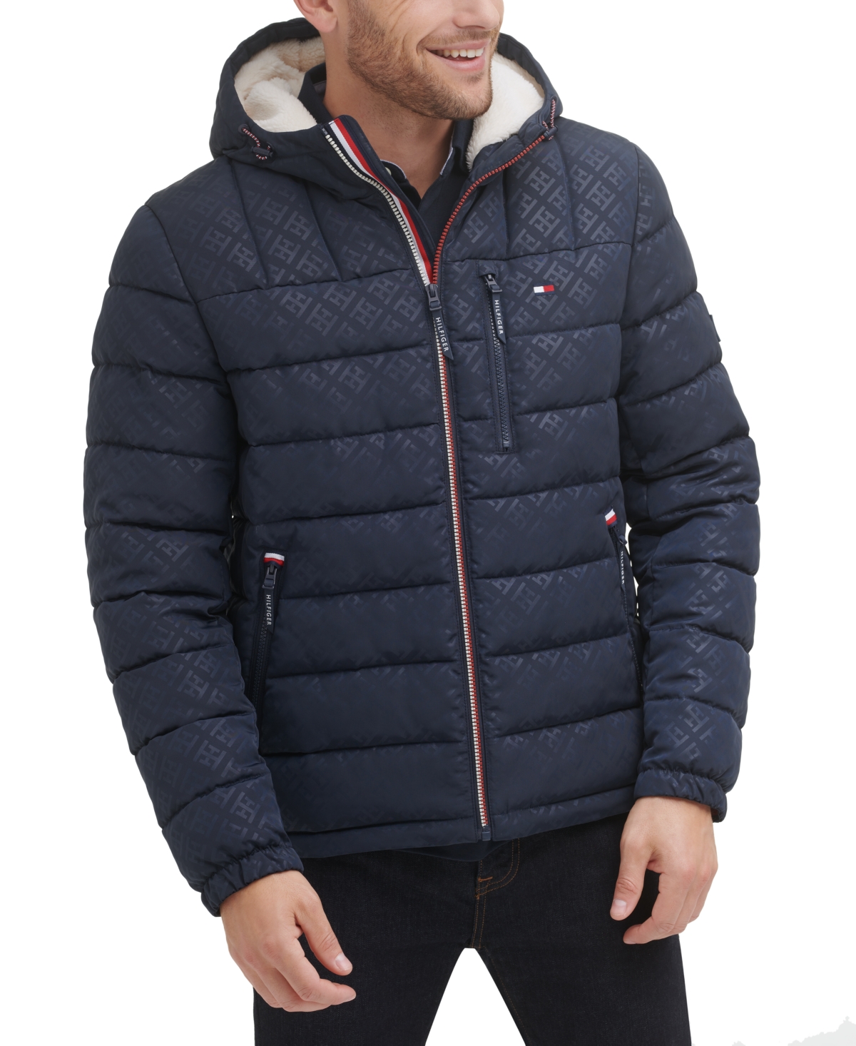 Tommy Hilfiger Men's Sherpa Lined Hooded Quilted Puffer Jacket In Navy Th Tonal Print