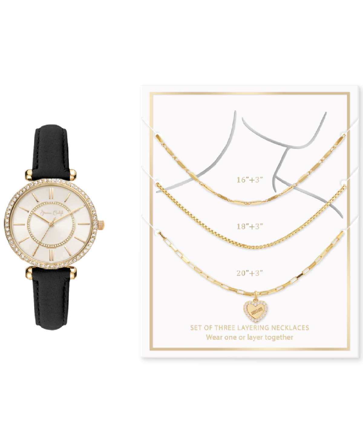 Women's Black Strap Watch 34mm & 3-Pc. Necklace Gift Set - Gold