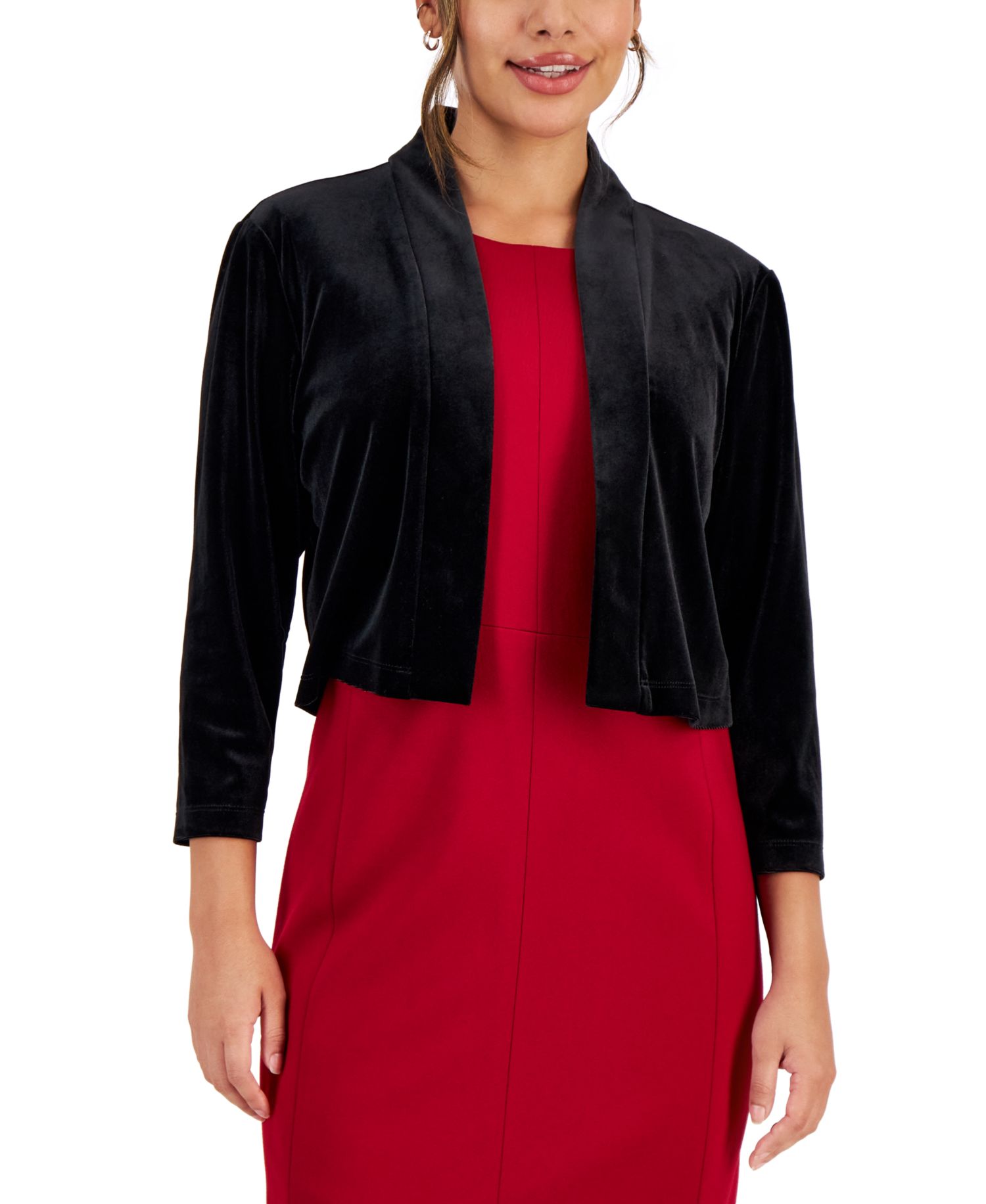 Petite Velvet Open-Front 3/4-Sleeve Shrug Sweater