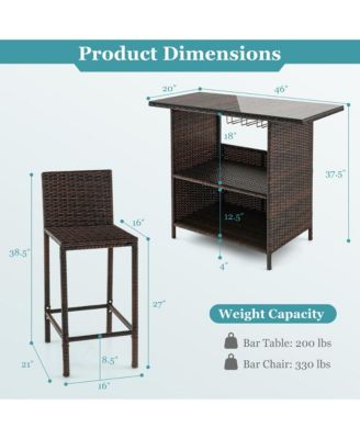 Patio 3PCS Wicker Bar Set Height Table Two Stools with 3 Rows Stemware Racks Garden