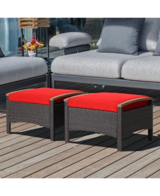 Set of 2 Patio Rattan Ottoman Footrest Cushions Wooden Handle