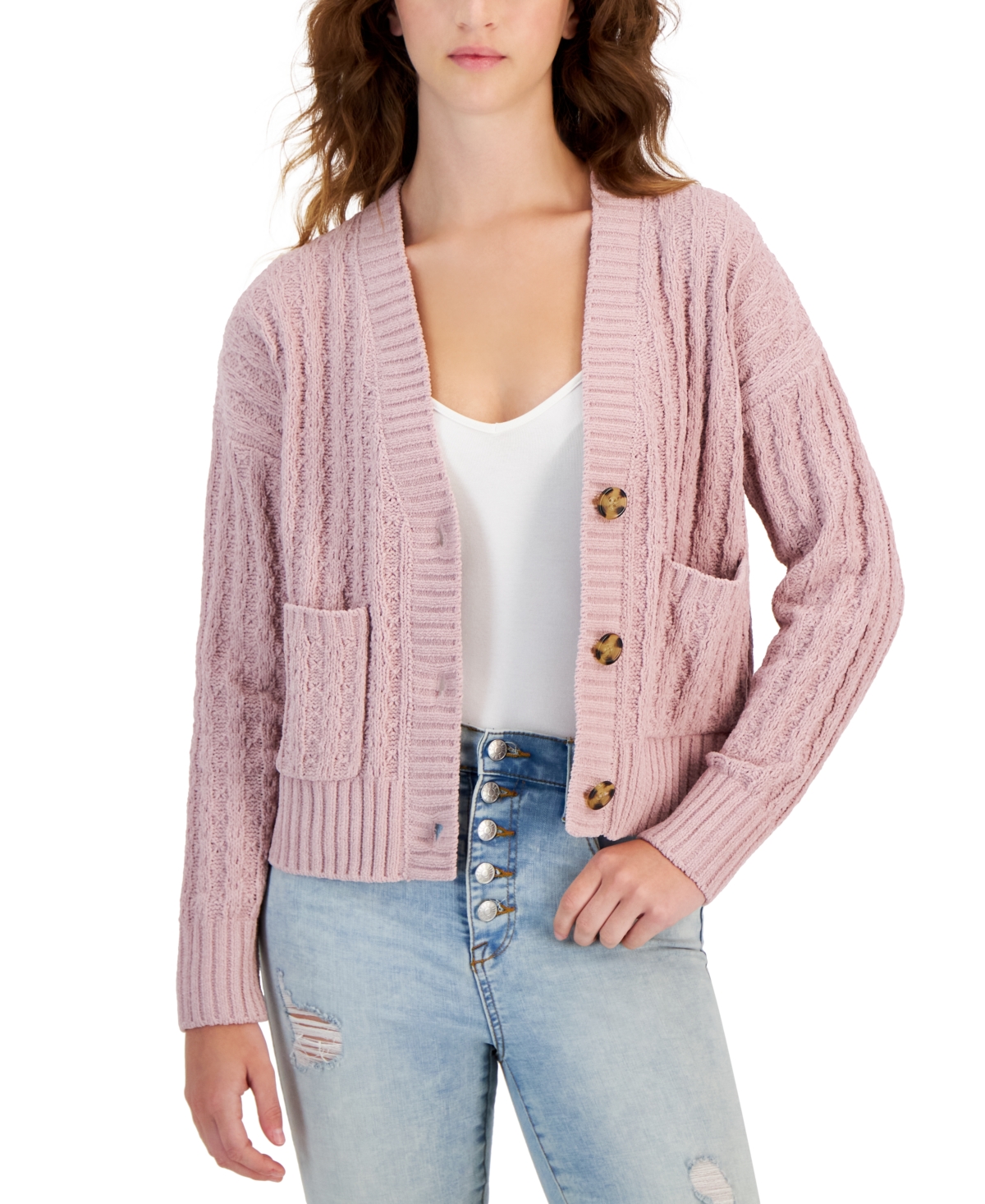 Pink Rose Juniors' Front Pocket Cardigan Sweater In Mauve Mousse