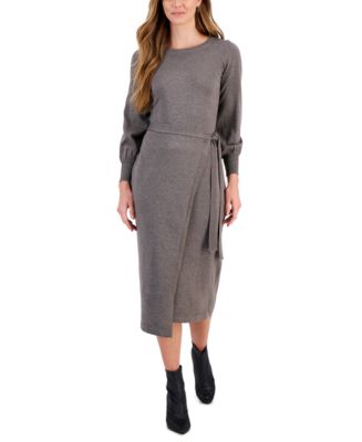 Taylor Women's Belted Puff-Sleeve Sweater Dress - Macy's