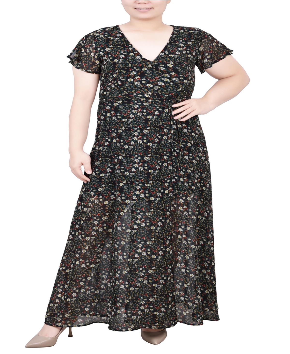 Ny Collection Plus Size Short Sleeve Tie Closure Wrap Chiffon Maxi Dress In Black Ditsy Floral