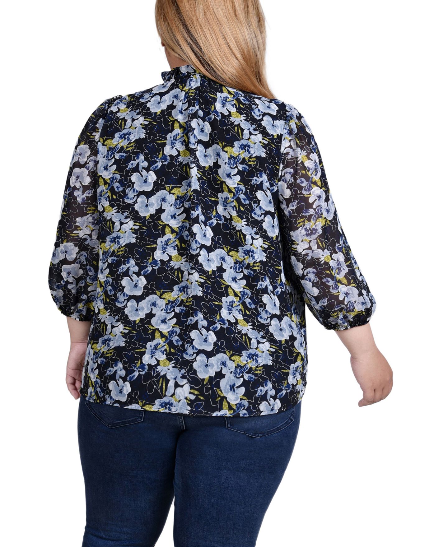 Женская блузка NY Collection Plus Size 3/4 Sleeve Chiffon, цвет: Чёрный с принтом — фото 2