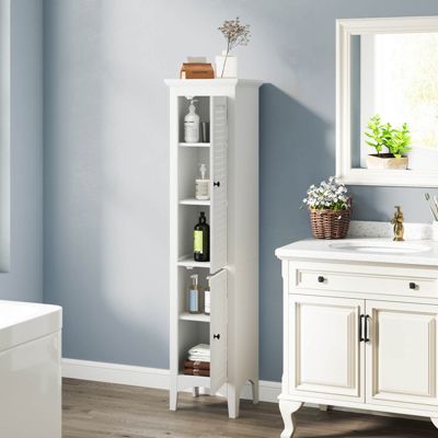 Tall Bathroom Floor Cabinet Narrow Linen Tower with 2 Doors & Adjustable Shelf