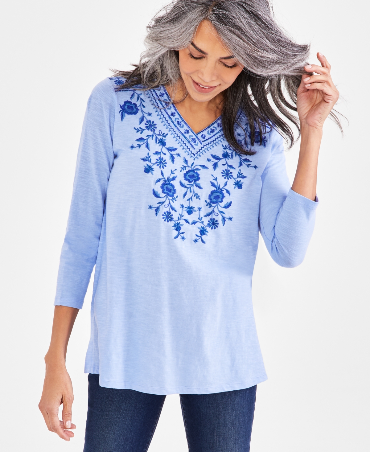 Style & Co Plus Size Embroidered V-neck Knit Tunic Top, Created For Macy's In Pleasant Periwinkle