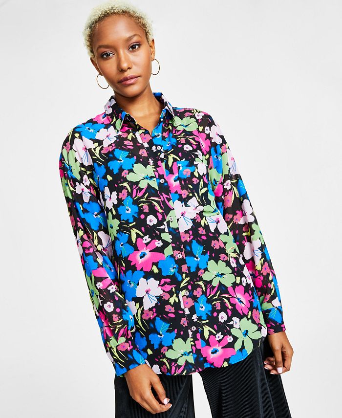 Bar III Women's Printed Chiffon Button-Up Blouse, Created for Macy's ...