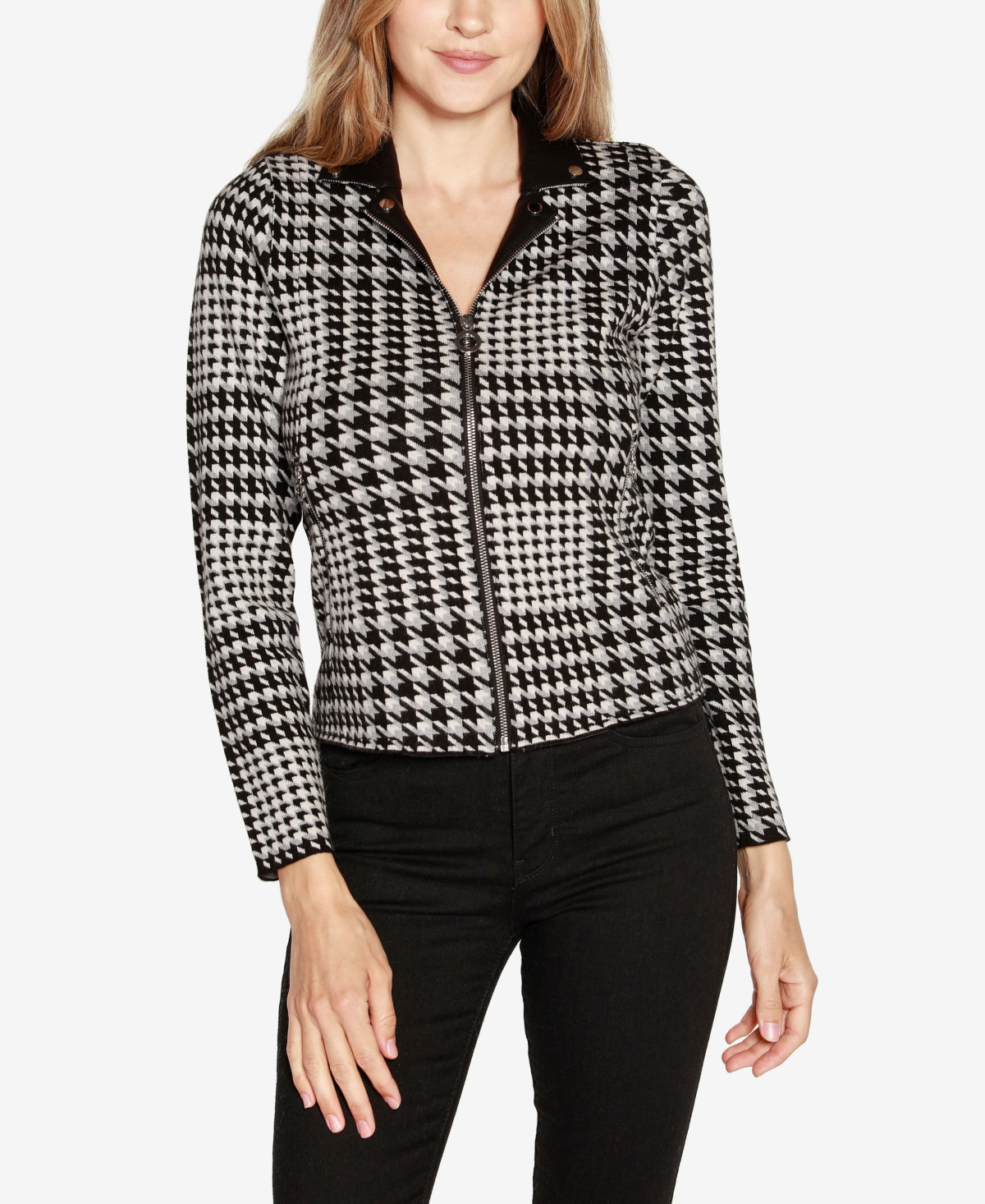 Belldini Black Label Women's Houndstooth Motorcycle Sweater In Black Combo
