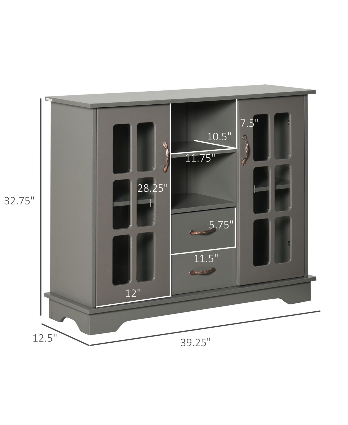 Homcom Sideboard Buffet Cabinet, Kitchen Cabinet, Coffee Bar Cabinet with 2 Framed Glass Doors, 2 Drawers and 2 Open Shelves for Living Room, Gray - G
