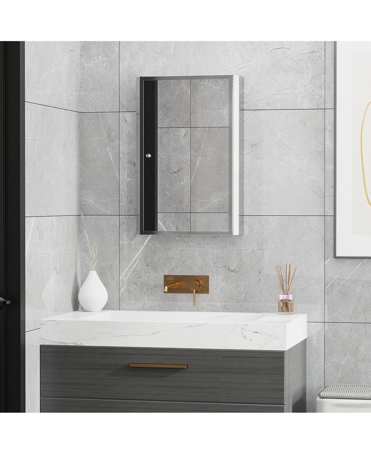 Homcom Bathroom Mirrored Cabinet, Vertical Stainless Steel Frame Medicine Cabinet, Wall-Mounted Storage Organizer with Single Door