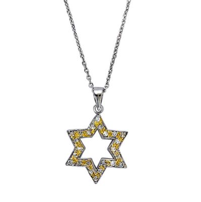 Sterling Silver White Gold Plated Yellow Cubic Zirconia Open Star Necklace