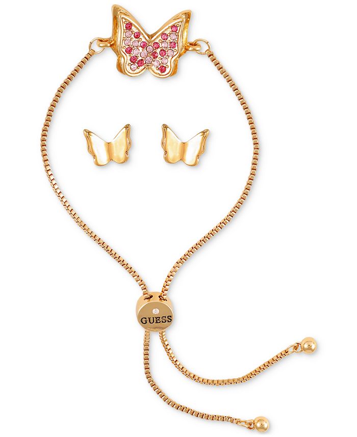 GUESS Crystal Butterfly Slider Bracelet & Stud Earrings Gift Set - Macy's
