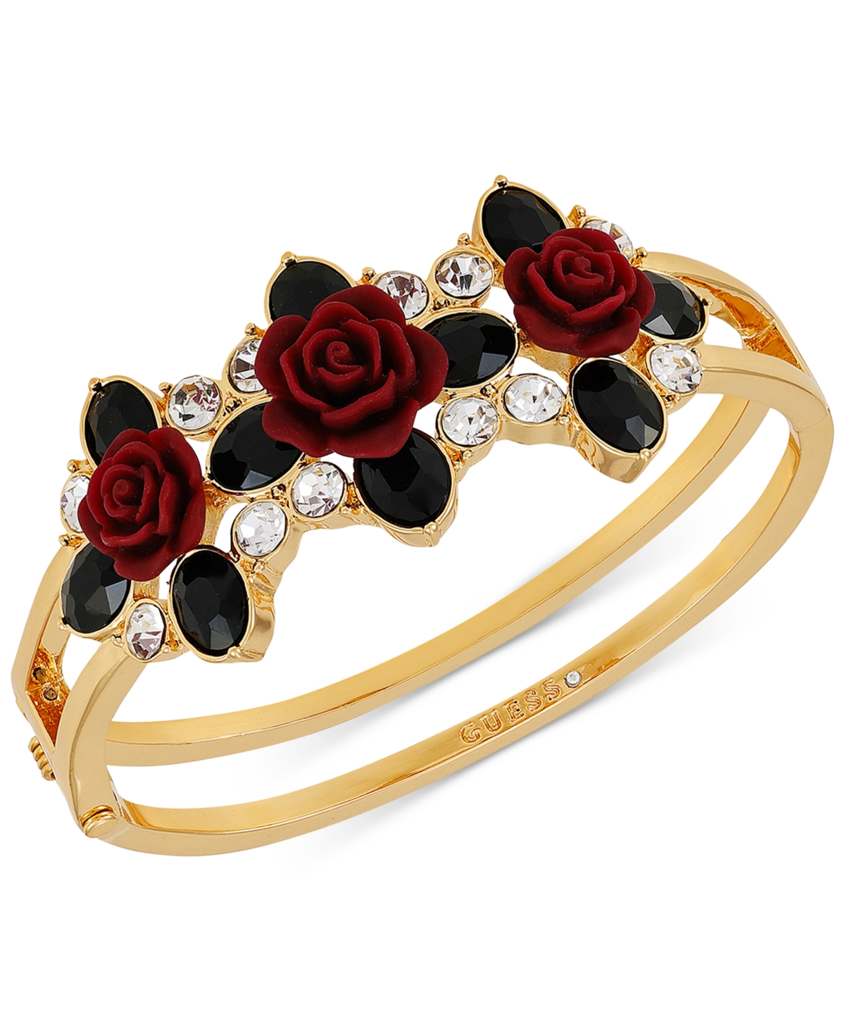 Guess Gold-tone Jet Stone & Burgundy Flower Double Row Bangle Bracelet