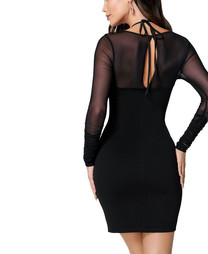 bebe Long-Sleeve Mesh-Detail Ruched Bodycon Dress - Macy's