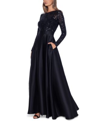Petite Sequin-Bodice Long-Sleeve Ball Gown