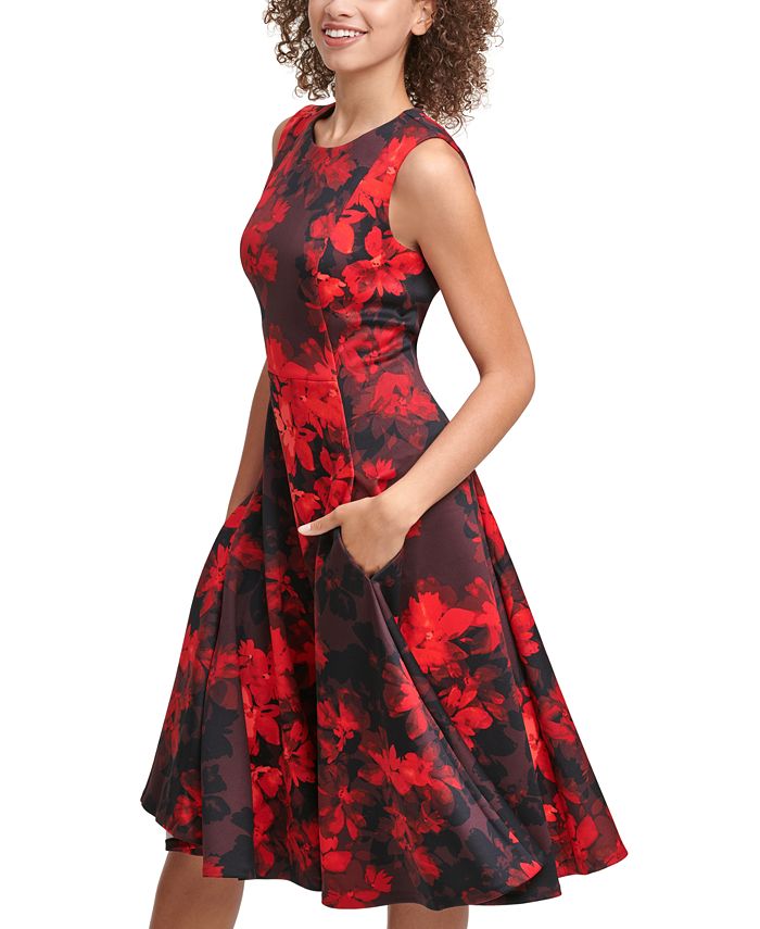 Calvin Klein Women's Panel Midi Fit & Flare Dress Red Size 4 Petite