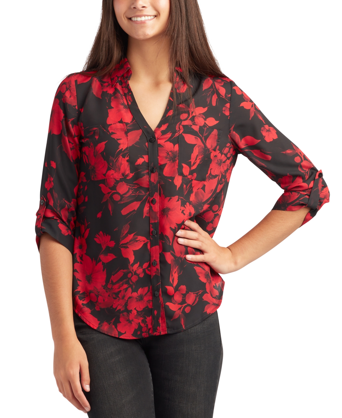Juniors' Printed Collared V-Neck Blouse - Black Red Floral