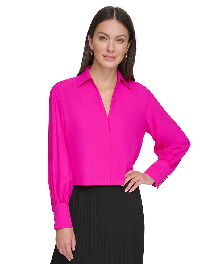 DKNY Women's Collared V-Neck Long Sleeve Satin Top - Macy's