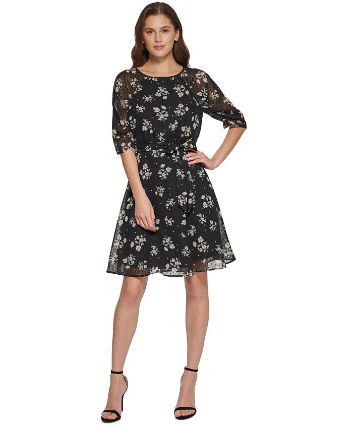 DKNY Women's Floral-Print Puff-Sleeve Fit & Flare Dress - Macy's