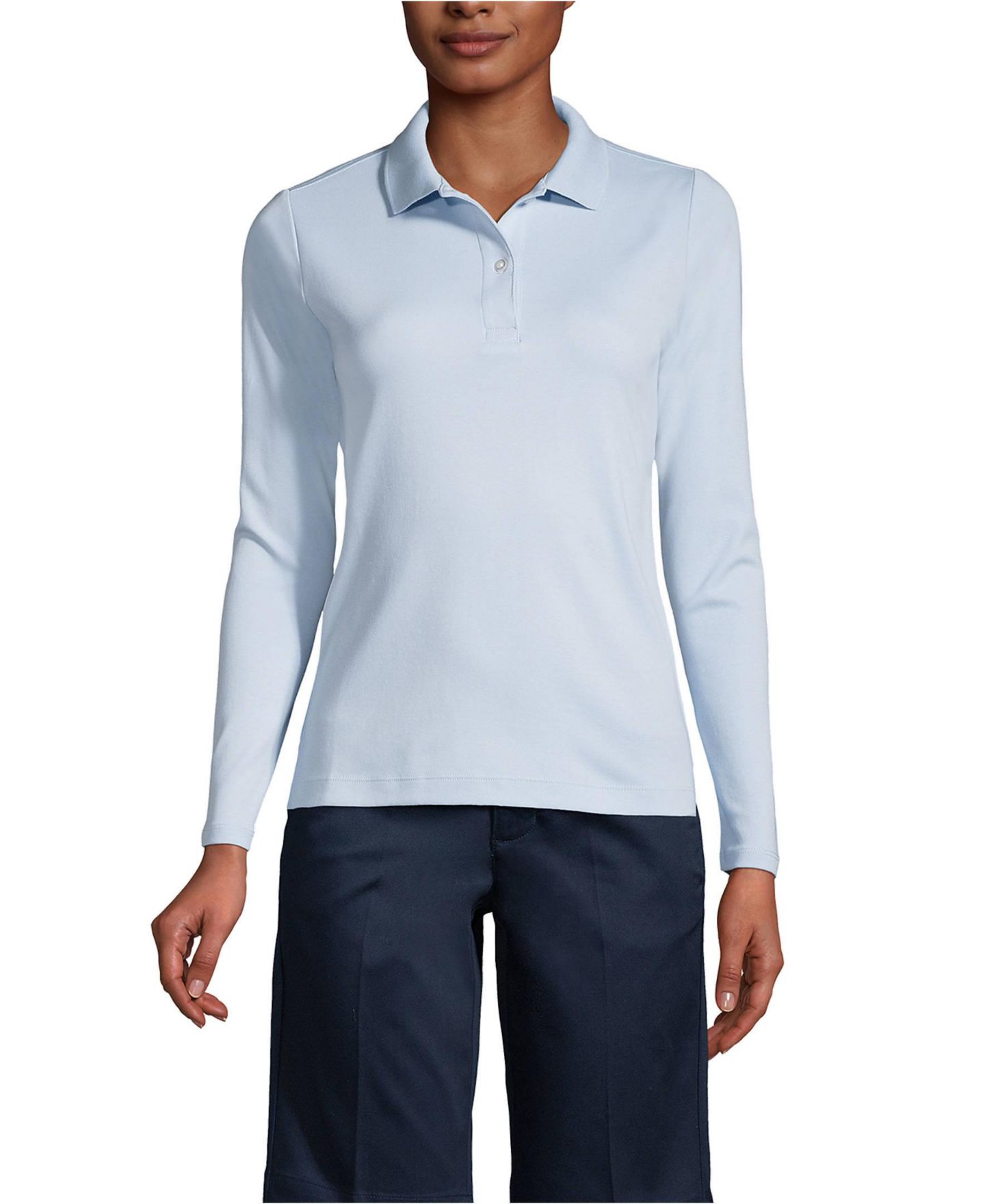 Женское поло Lands' End Long Sleeve Feminine Fit Interlock Polo Shirt, цвет: Синий — фото 1