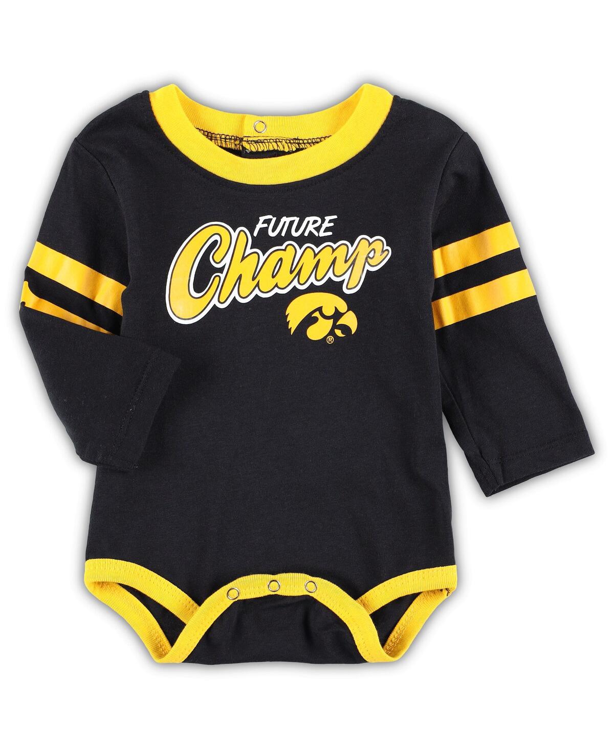 Outerstuff Newborn And Infant Boys And Girls Black, Gold Iowa Hawkeyes Little Kicker Long Sleeve Bodysuit And S In Black,gold