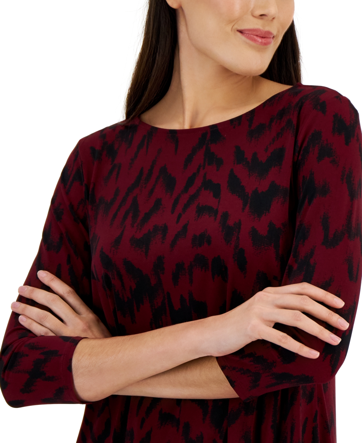 Jm Collection Petite Printed 3/4-sleeve Long Top, Created For Macy's In Brown