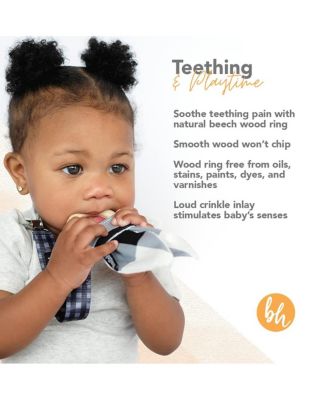 Baby Pacifier Clip and Natural Wood Baby Teether, Blue Feather