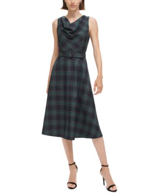 Vince Camuto - Women's Plaid Cowl-Neck Fit & Flare Dress