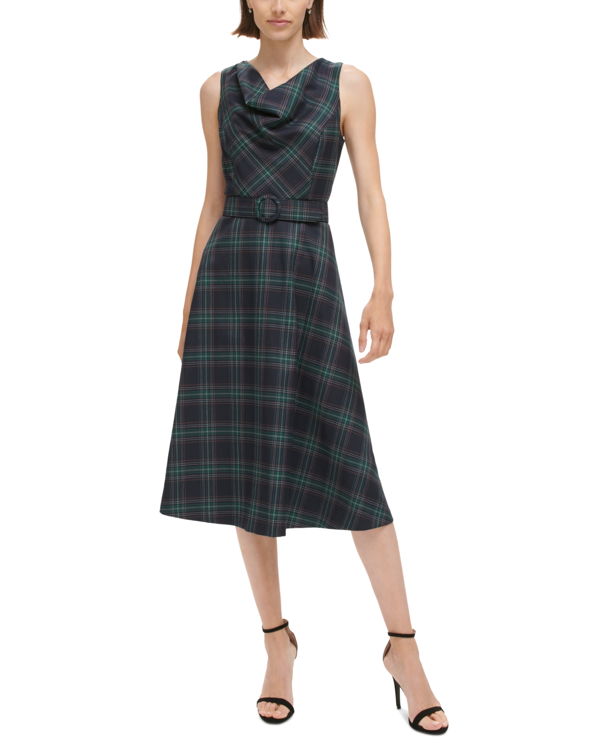 Vince Camuto Women's Plaid Cowl-neck Fit & Flare Dress In Navy Multi
