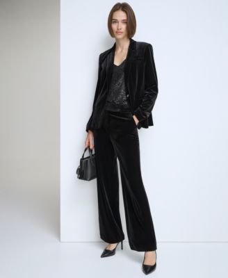 Shop Calvin Klein Womens Velvet One Button Blazer Sequin Camisole Wide Leg Pants In Black