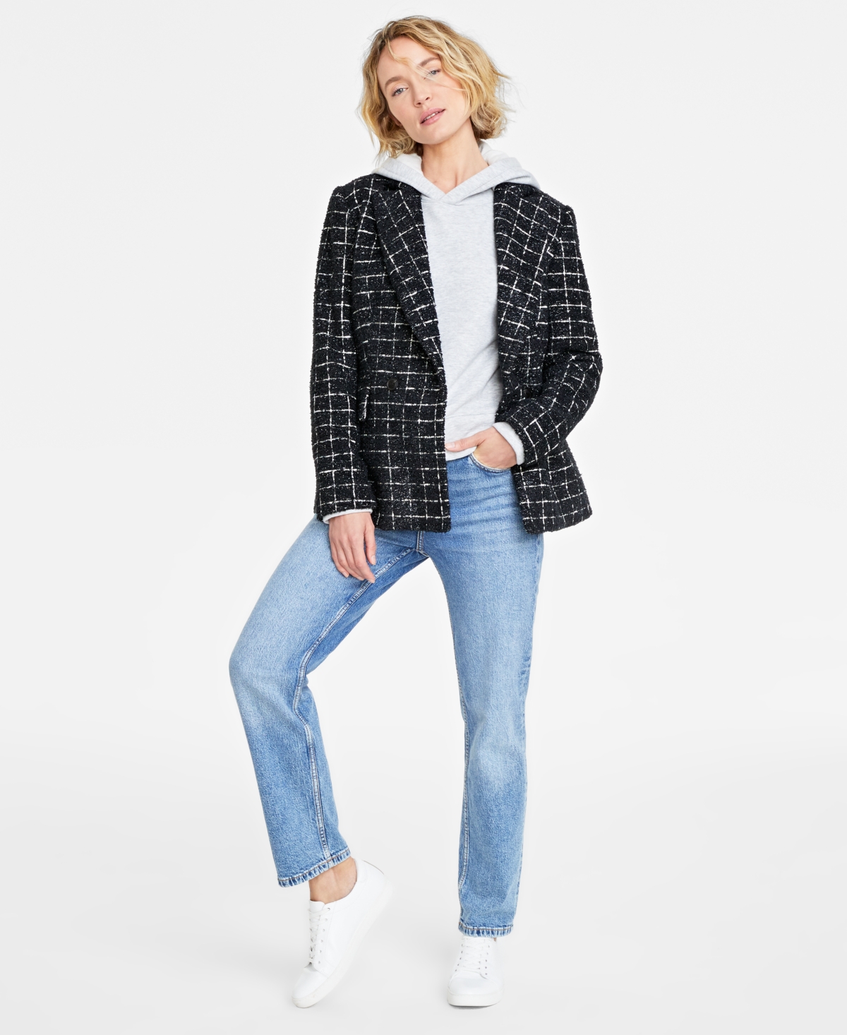 On 34th Women's Metallic Plaid Tweed Blazer, Created For Macy's In Black Combo