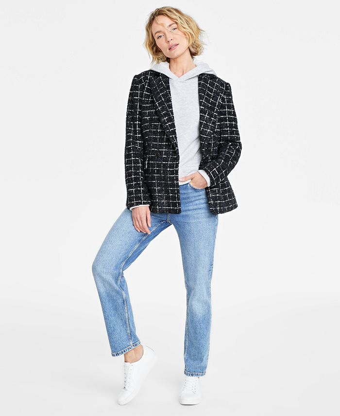 on 34th Women's Metallic Plaid Tweed Blazer, Created for Macy's - Black Combo - Size 14