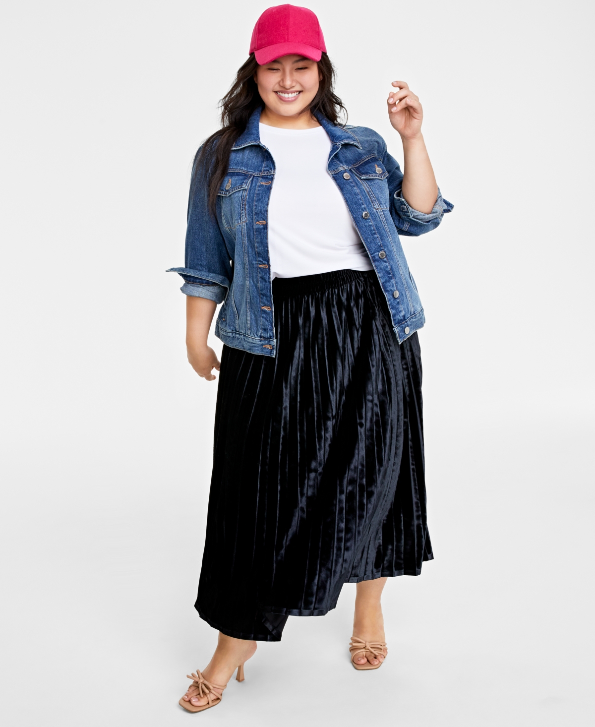 On 34th Plus Size Velvet Pleated Midi Skirt, Created For Macy's In Deep Black