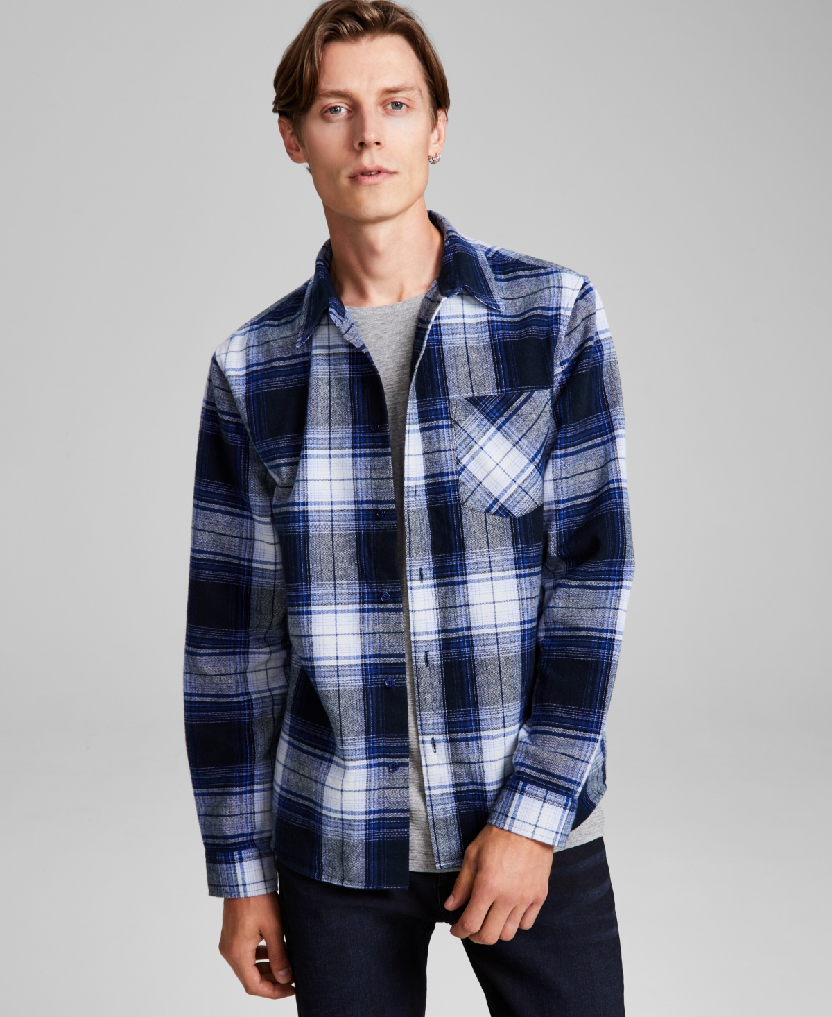 And Now This Men's Plaid Button-down Flannel Shirt, Created For Macy's In Ice,navy