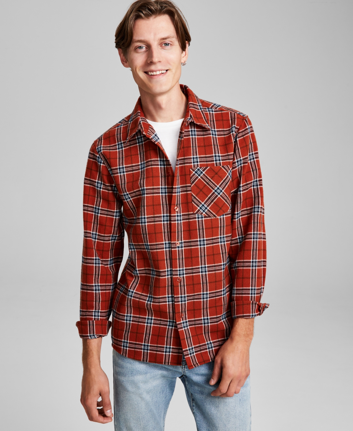 Men's Plaid Button-Down Flannel Shirt, Created for Macy's - Ice/navy