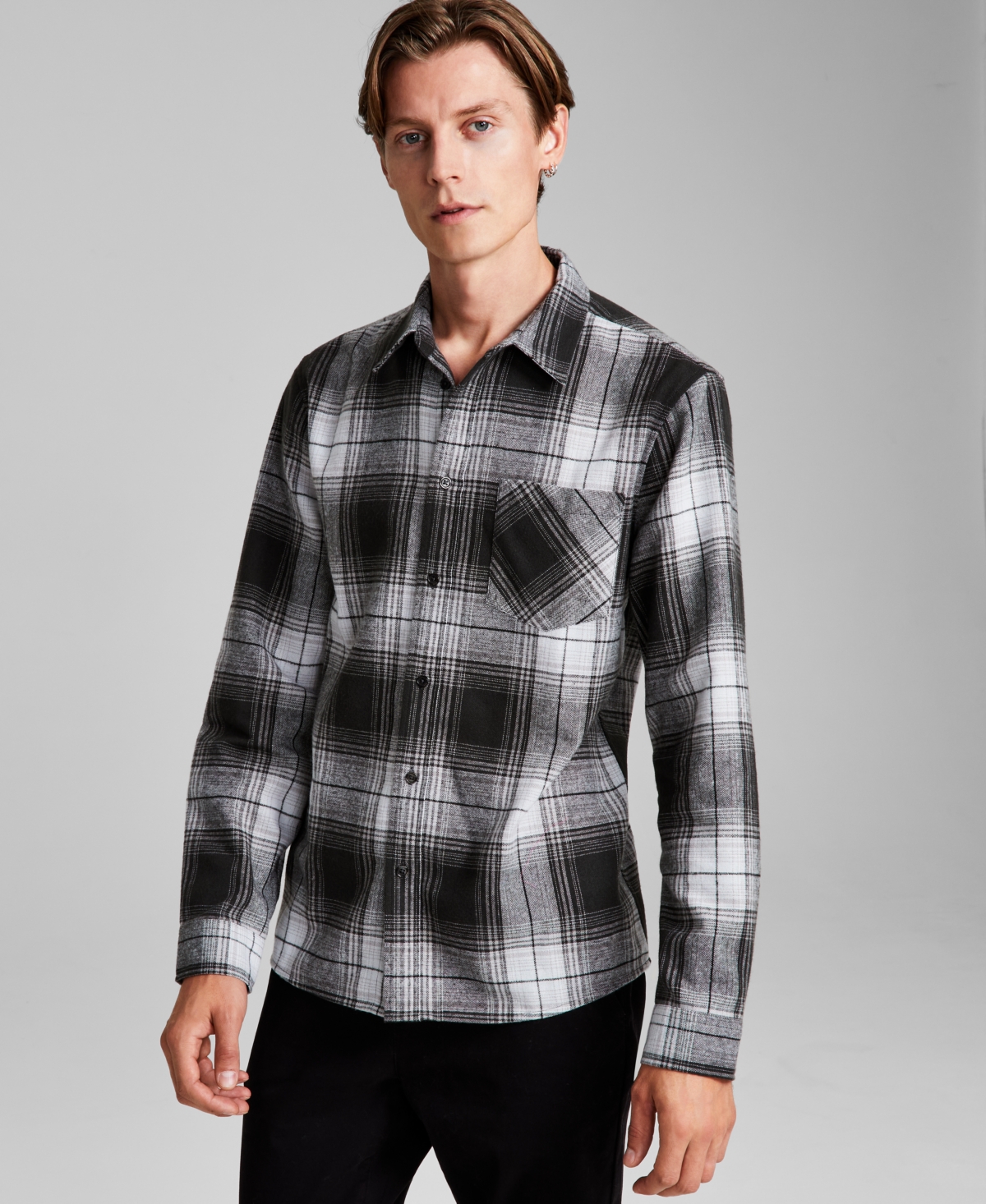 And Now This Men's Plaid Button-down Flannel Shirt, Created For Macy's In Grey,charcoal