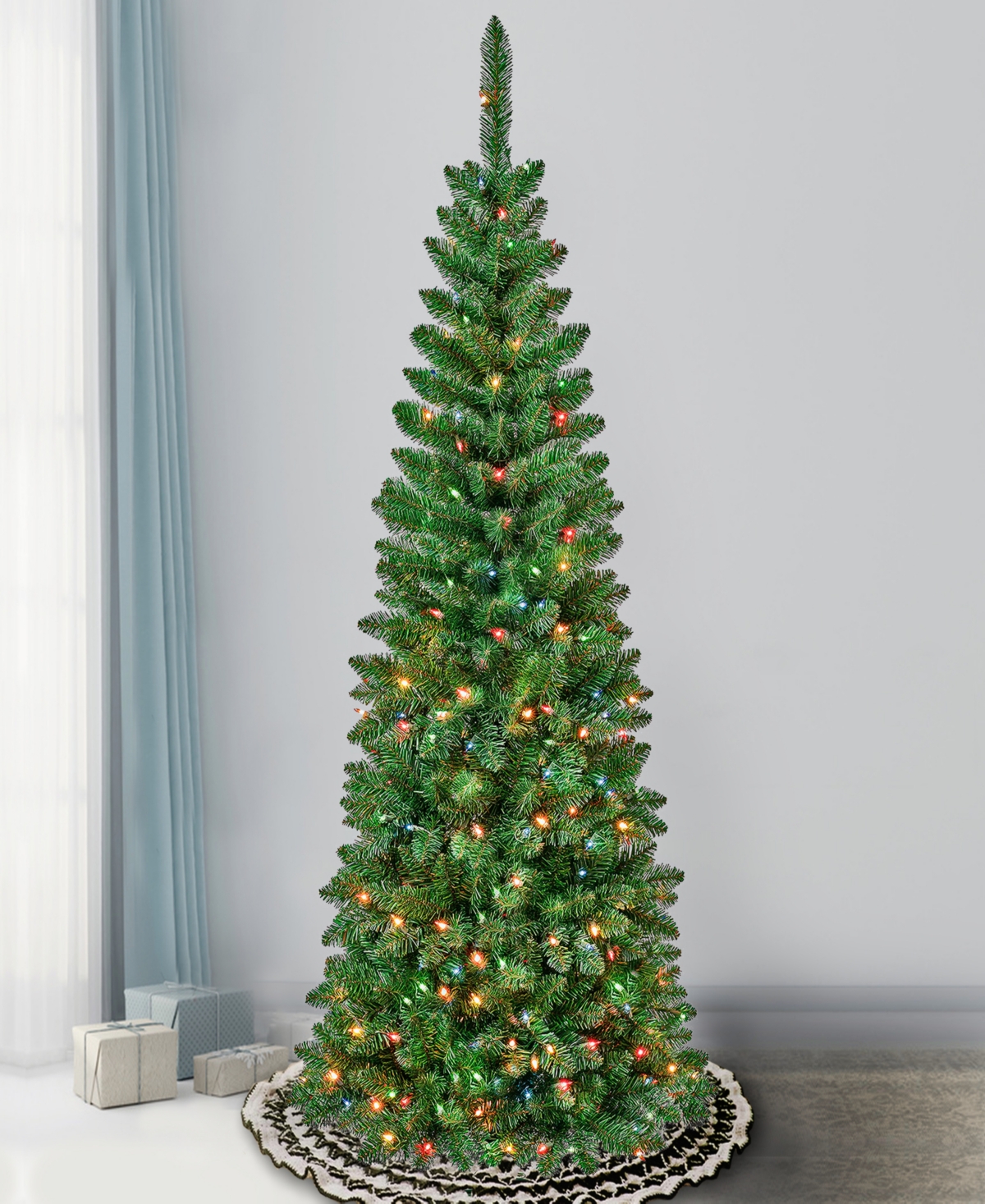 National Tree Company First Traditions 6' Rowan Pencil Slim Tree With Multicolor Lights In Green