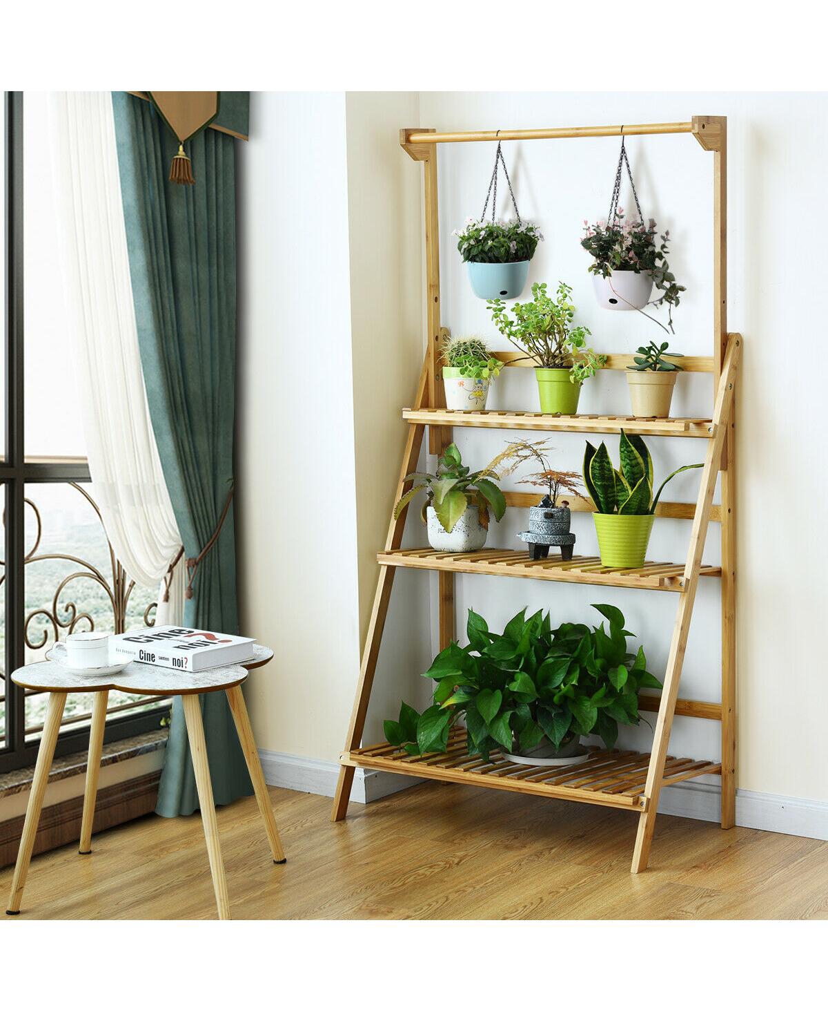 3 Tier Bamboo Hanging Folding Plant Shelf Stand Flower Pot Display Rack Bookcase - Natural