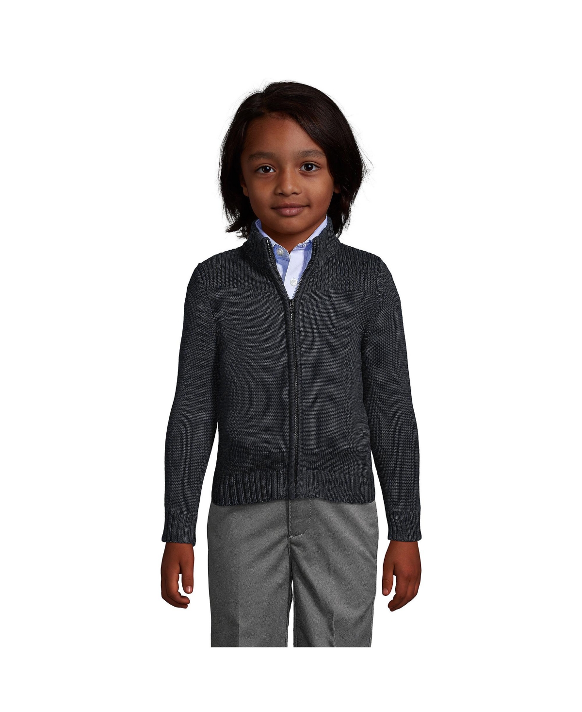 Lands' End Boys School Uniform Cotton Modal Zip Front Cardigan Sweater