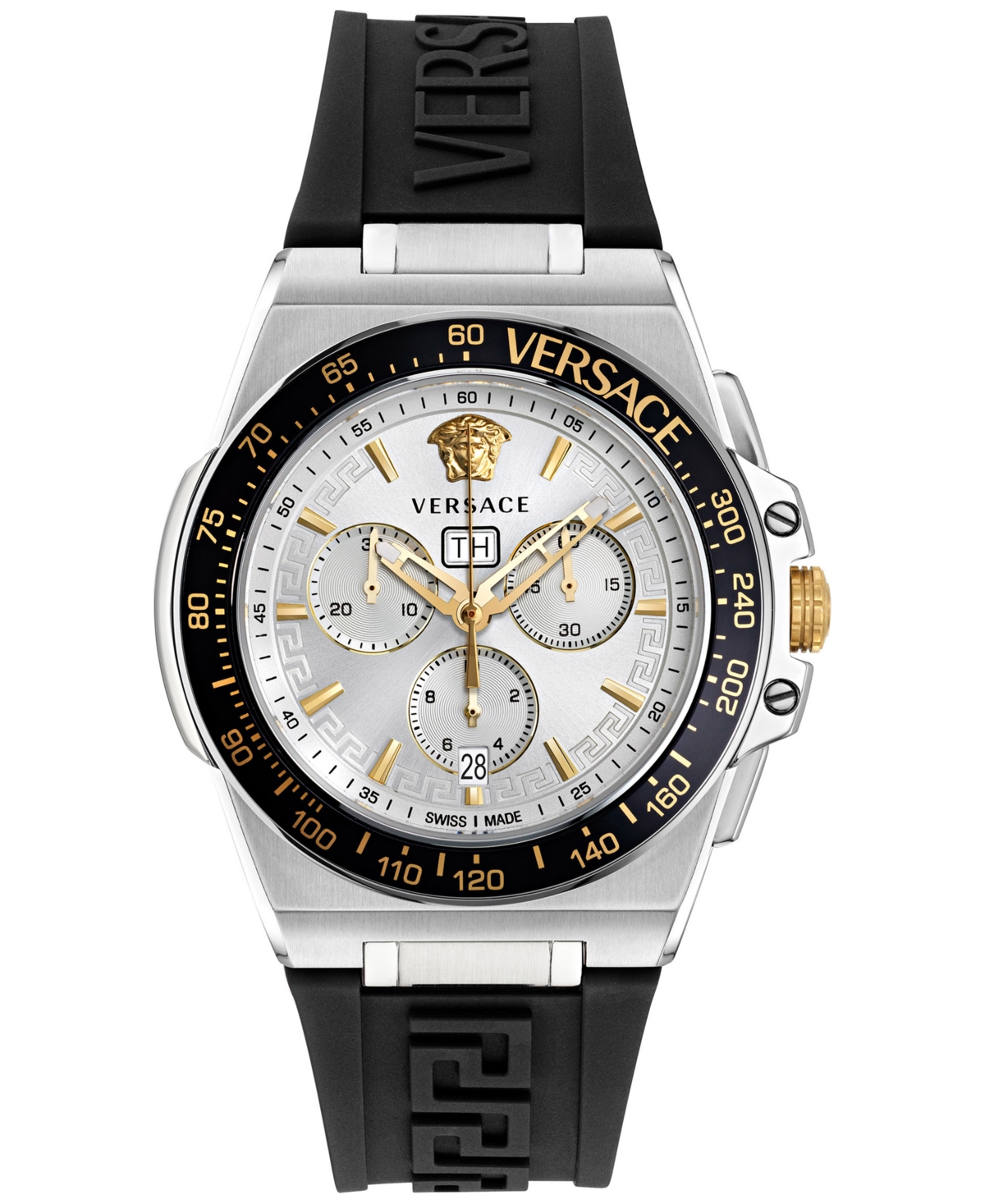 Versace Men's Swiss Chronograph Greca Extreme Black Silicone Strap Watch 45mm In Stainless Steel