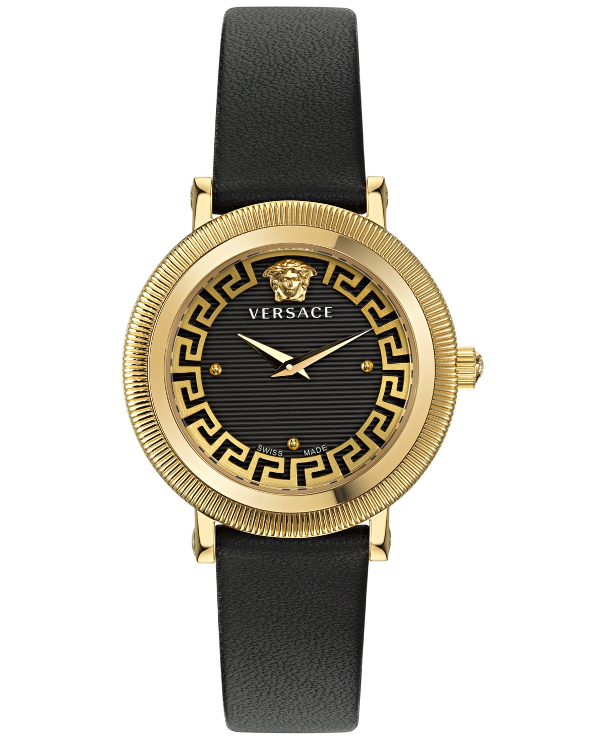 Versace Women's Swiss Greca Flourish Black Leather Strap Watch 35mm In Ip Yellow Gold