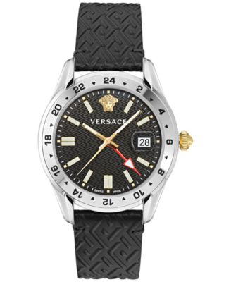 Versace - Men's Swiss Greca Time GMT Black Leather Strap Watch 41mm