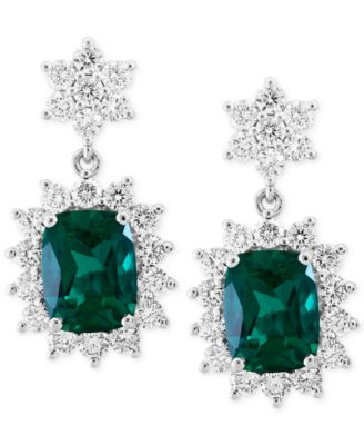 EFFY&reg; Lab Grown Emerald (3-3/8 ct. t.w.) & Lab Grown Diamond (1-7/8 ct. t.w.) Halo Drop Earrings in 14k White Gold