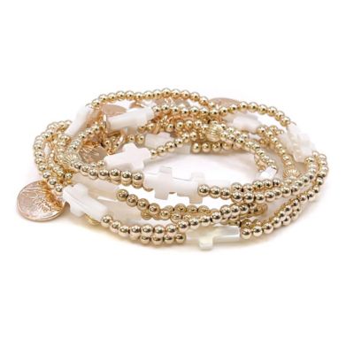 4mm Gold Filled Ball and Mother Of Pearl Cross Stretch Bracelet