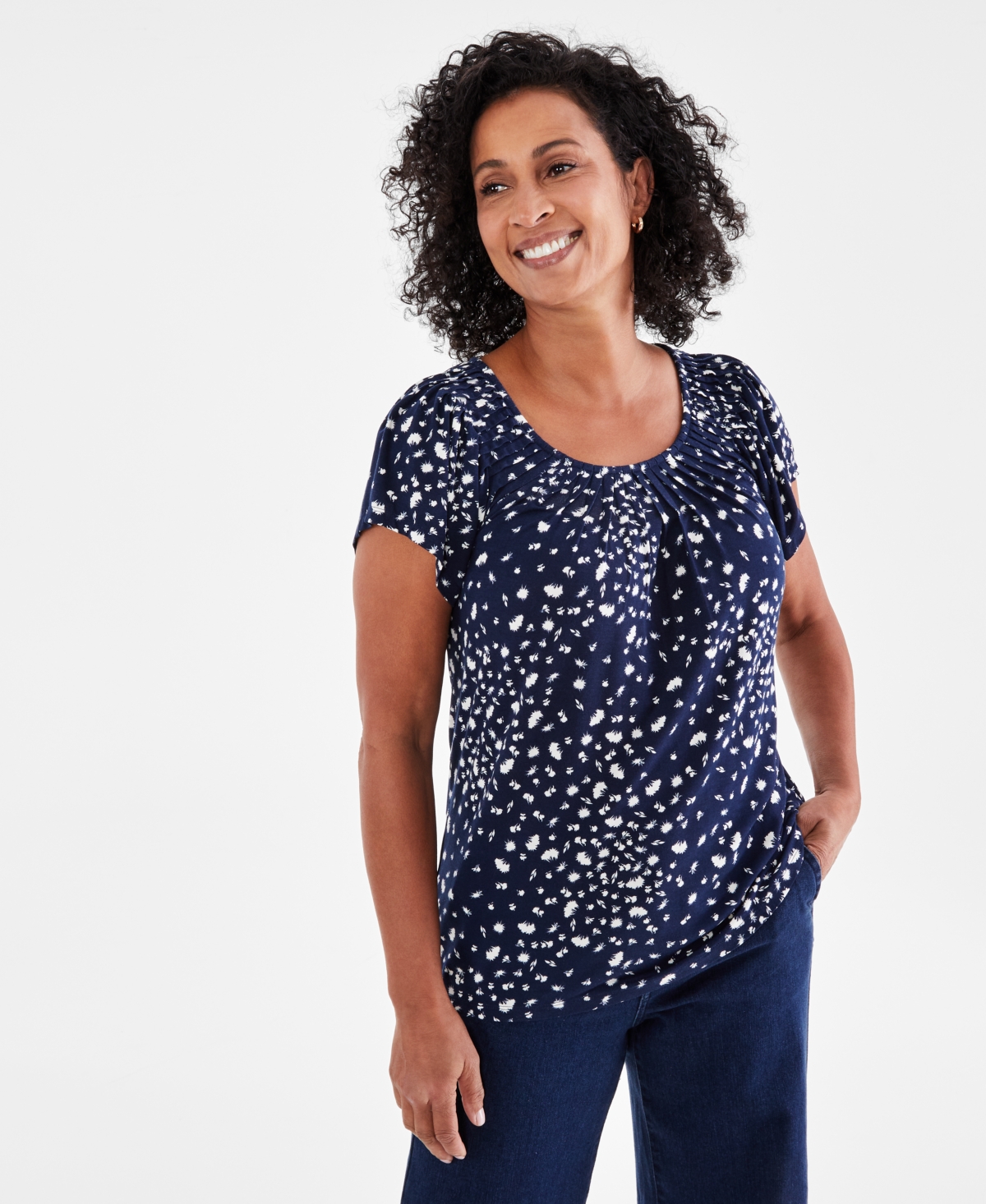 Style & Co Women's Printed Pleated-neck Short-sleeve Top, Created For Macy's In Navy Ditsy Floral